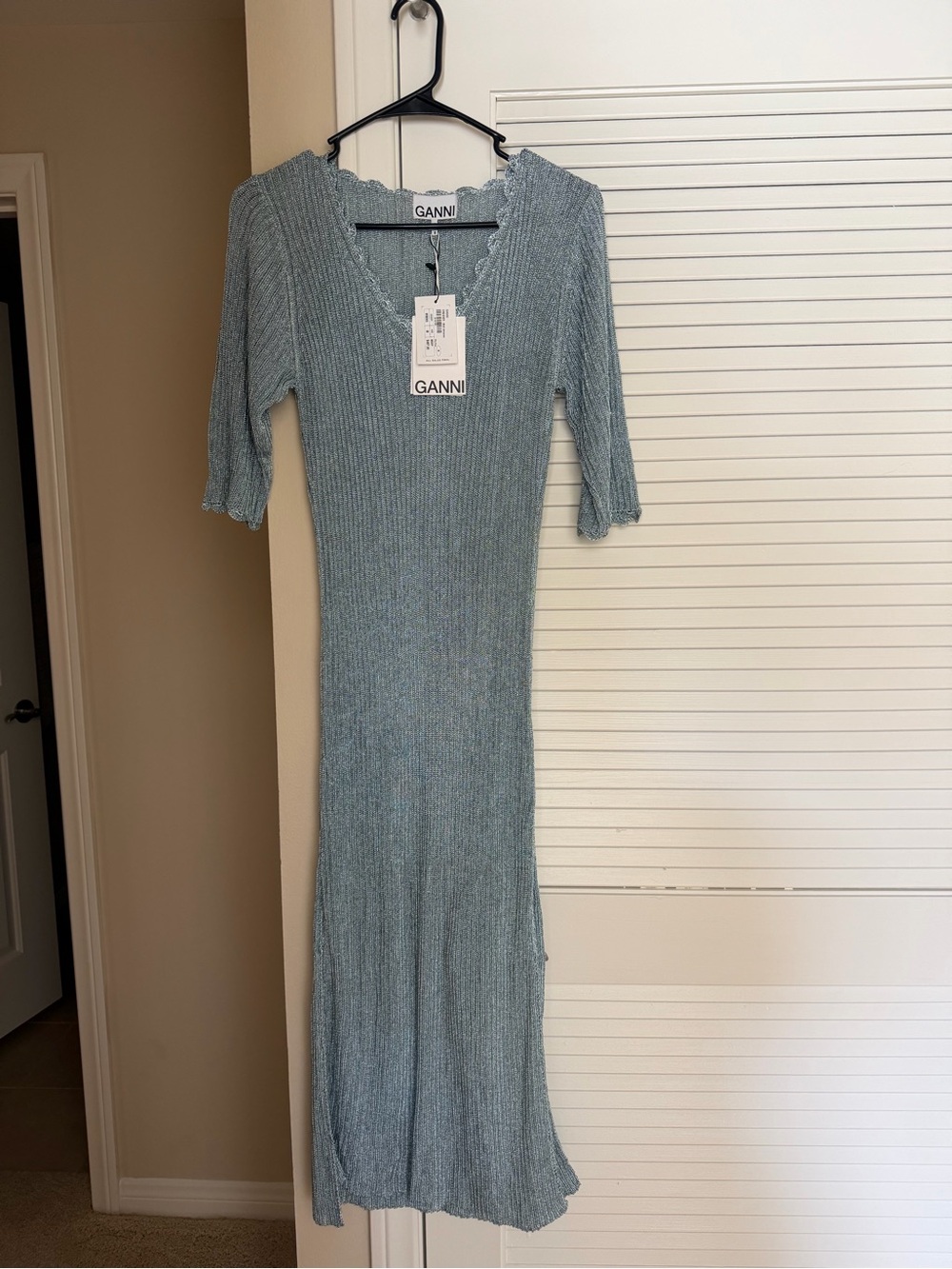 Ganni Light Blue Ribbed V-Neck Midi Dress